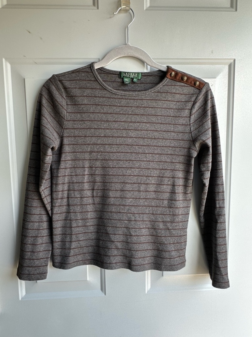 Ralph Lauren Brown and Gray Striped Long Sleeve Top with Button Accent